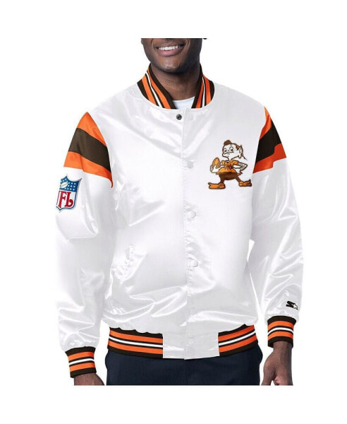 Men's White, Brown Distressed Cleveland Browns Vintage-Like Satin Full-Snap Varsity Jacket
