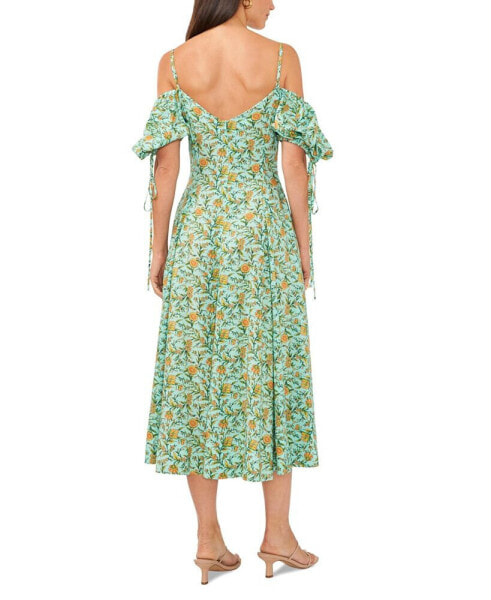Women's Floral Print Cold-Shoulder Puff Sleeve Midi Dress