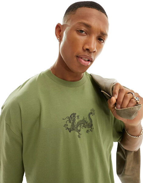 ASOS DESIGN oversized t-shirt in khaki with dragon chest print