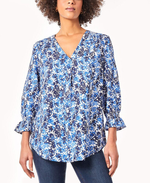 Women's Floral-Print Smocked-Cuff Pleat-Front Top