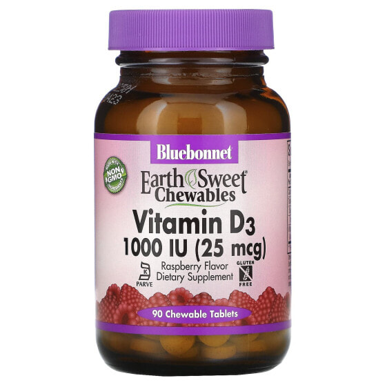 Жевательные таблетки Bluebonnet Nutrition Earth Sweet, Витамин D3, малина, 25 мкг (1,000 IU), 90 шт.