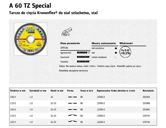 Диск для резки металла Klingspor 115 мм x 1,0 мм x 22,2 мм A60 TZ Special