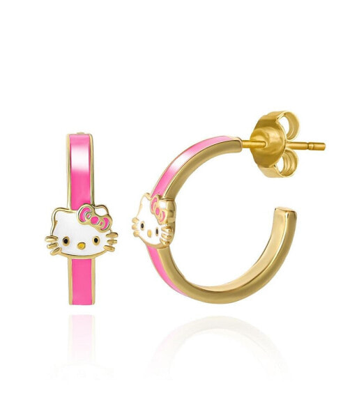 Sanrio Brass Flash Yellow Gold Plated Enamel Post Hoop Earrings - Pink Enamel