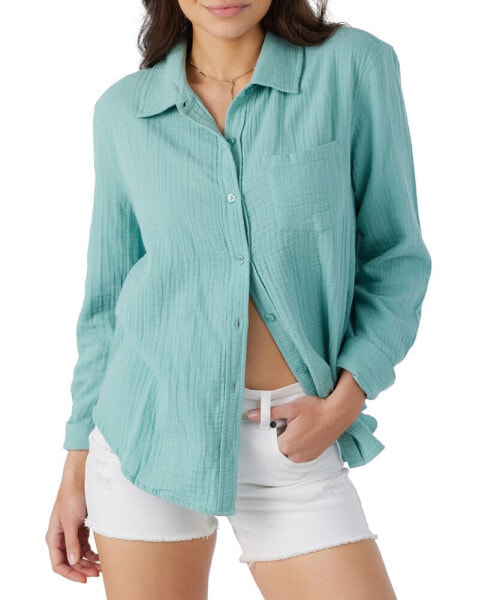 Juniors' Leni Crinkled Button-Down Pocket-Front Shirt