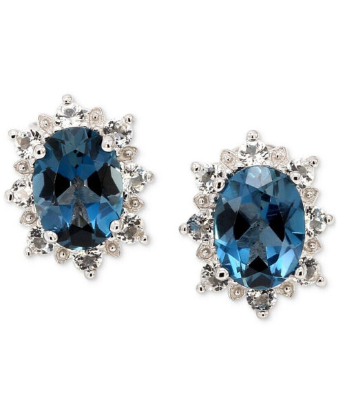 Blue Topaz (2-1/2 ct. t.w.) & White Topaz (5/8 ct. t.w.) Oval Halo Stud Earrings in Sterling Silver