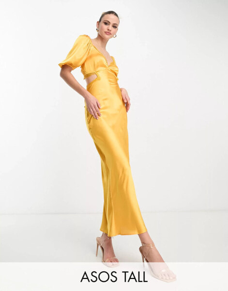 ASOS DESIGN Tall – Maxikleid aus goldfarbenem Satin im Milchmädchenstil mit Riemchen am Rücken und Spitzenrand