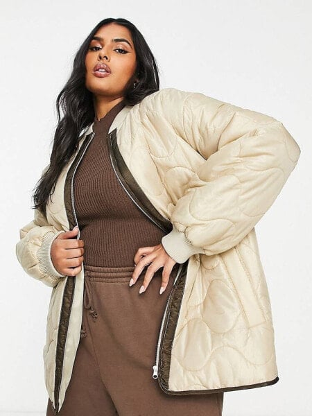 ASOS DESIGN Curve onion quilt bomber jacket in camel