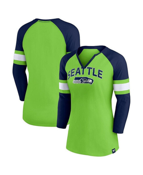 Футболка женская Fanatics Neon Green, College Navy Seattle Seahawks Arch Raglan 3/4 Sleeve Notch.