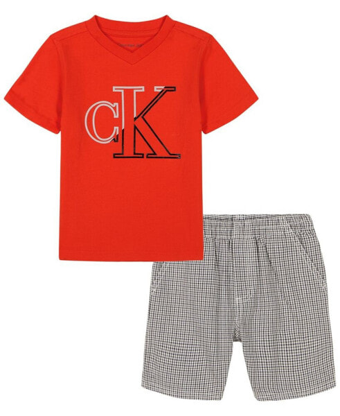 Toddler Boys Monogram V-neck T-shirt and Plaid Shorts