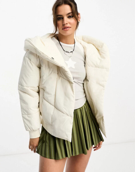 Noisy May padded jacket with oversized hood in cream