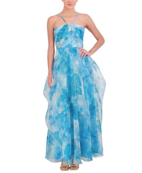 Women's Printed Pleated Ruffled Gown