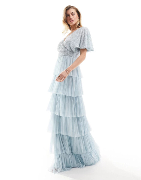 Beauut Bridesmaid embellished tiered maxi dress in blue