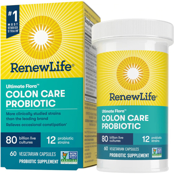 Renew Life Ultimate Flora Colon Care Probiotic  Пробиотики для поддержки пищеварения и иммунитета 80 млрд КОЕ 12 штаммов 60 веганских капсул