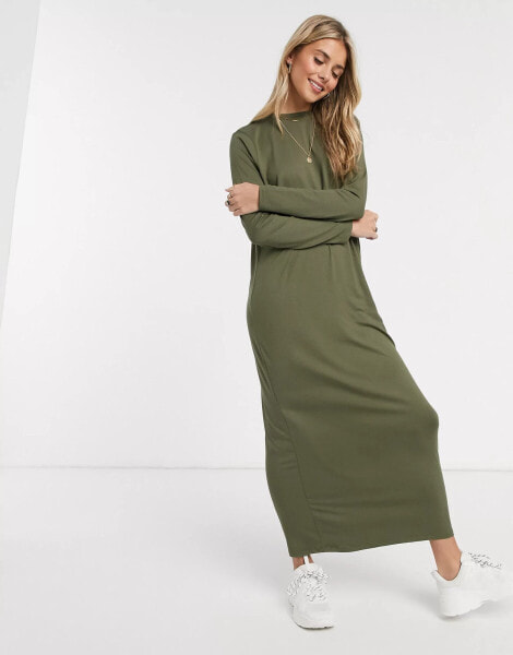 ASOS DESIGN long sleeve maxi t-shirt dress in khaki