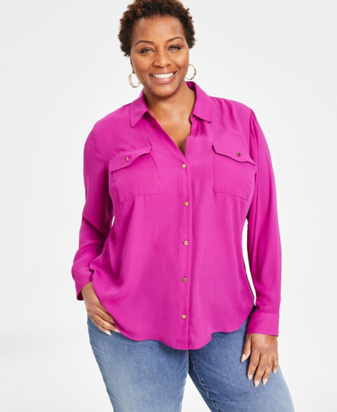 Plus Size Long-Sleeve Button-Front Blouse, Created for Macy's