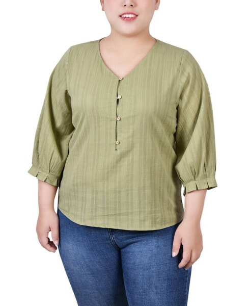 Plus Size 3/4 Sleeve Button Placket Jacquard Blouse