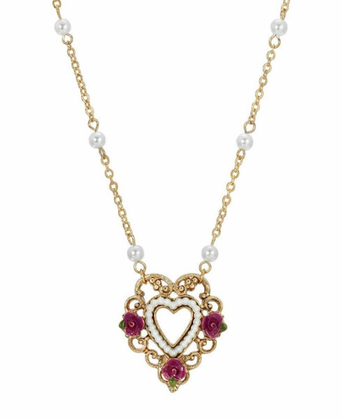 2028 women's Enamel Flower Imitation Pearl Rimed Open Heart Necklace