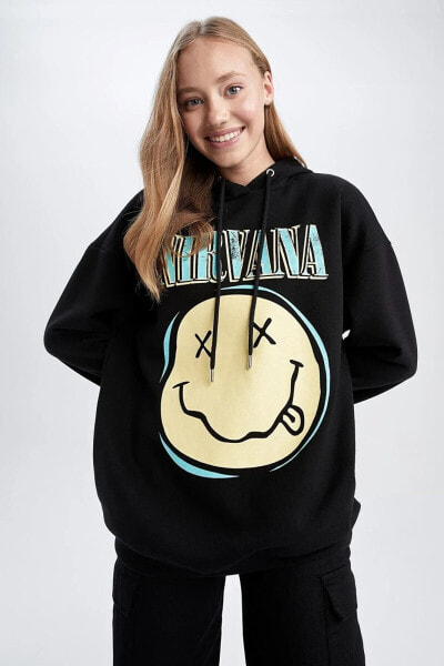 Nirvana Oversize Fit Kapüşonlu Baskılı Sweatshirt