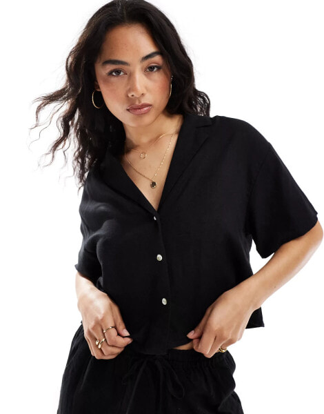 Pull&Bear short sleeve linen shirt co-ord in black