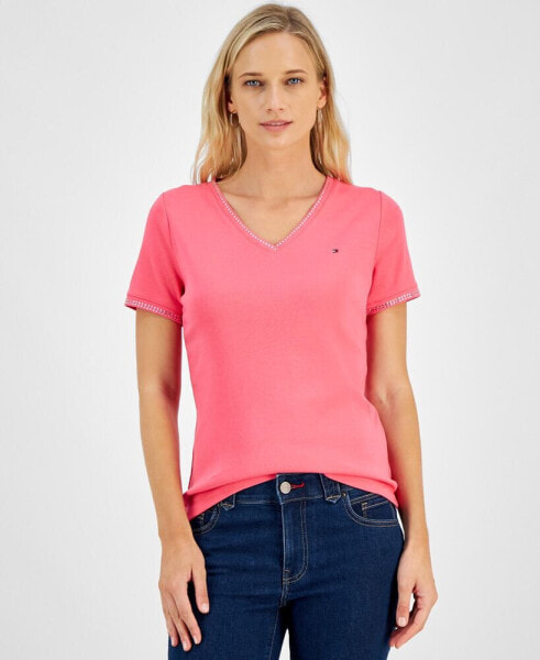 Women's Embellished V-Neck Cotton T-Shirt