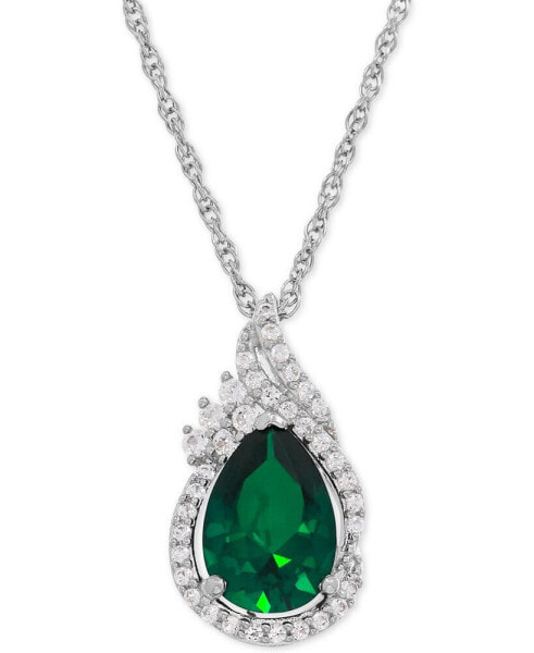 Macy's lab-Grown Emerald (1-3/4 ct. t.w.) and White Sapphire (1/4 ct. t.w.) Teardrop Pendant Necklace in Sterling Silver