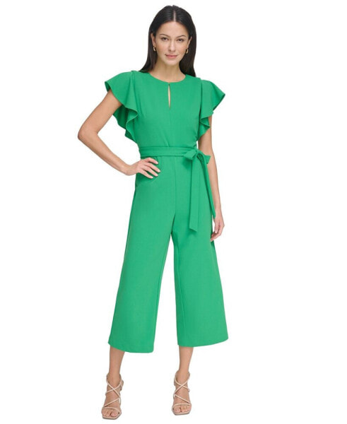 Women's Keyhole-Neck Flutter-Sleeve Belted Jumpsuit