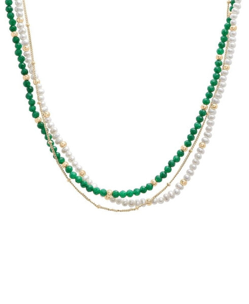 Cultured Freshwater Pearl (3 - 3-1/2mm), Jade, & Beaded Chain Triple Strand Layered Necklace in 14k Gold-Plated Sterling Silver, 16-1/4 + 1" extender