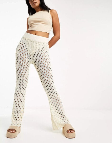 Threadbare crochet wide leg trousers co-ord in cream