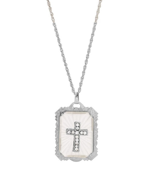 Symbols of Faith silver-Tone Frosted Stone with Crystal Cross Large Pendant Necklace