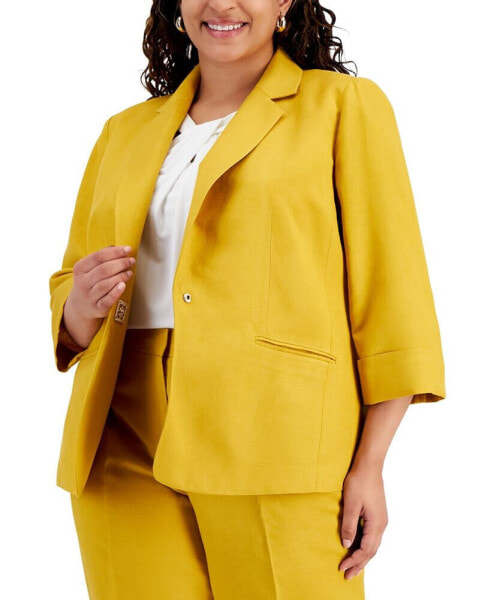 Plus Size Linen-Blend Notched Collar 3/4-Sleeve Blazer