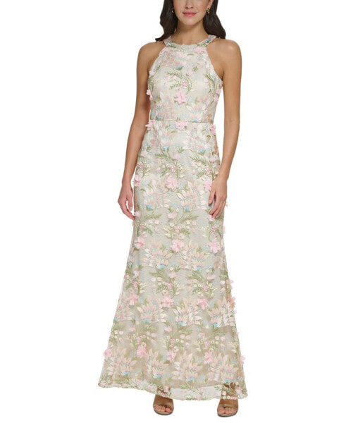Petite Floral-Appliqué Embroidered Gown