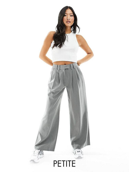 Miss Selfridge Petite slouchy wide leg pinstripe trousers with extended tab detail in light grey