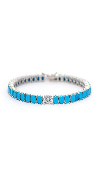 White Rhodium Clad Oval Turquoise & Cubic Zirconia Line Bracelet