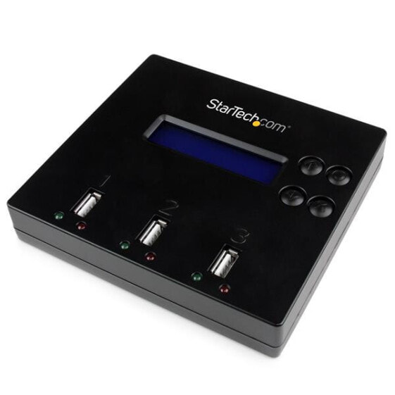 Standalone 1 to 2 USB Thumb Drive Duplicator and Eraser - Multiple USB Flash Drive Copier - System and File and Whole-Drive Copy at 1.5 GB/min - Single and 3-Pass Erase - LCD Display - 110 - 240 V - 5 V - 2 A - Type H - 5 - 95% - 5 - 45 °C