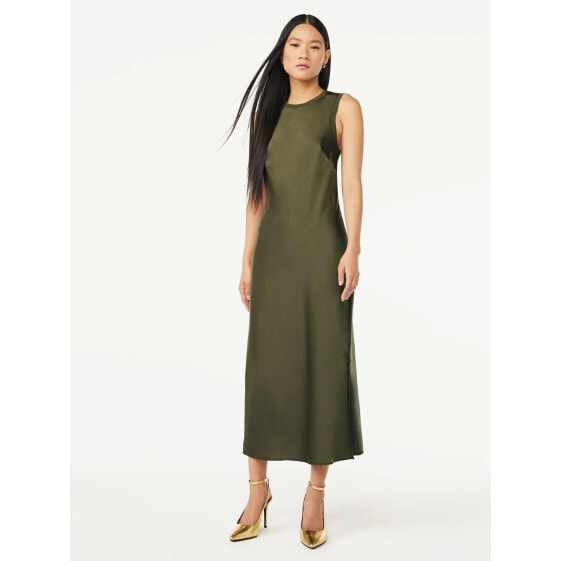 Scoop Women's Pullover Sleeveless Satin Midi Tank Olive Green Dress Size S (4-6)