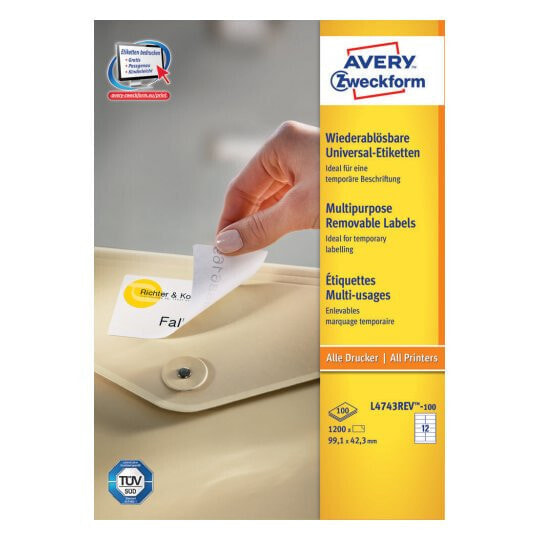 Avery Zweckform Avery L4743REV-100 - White - Rounded rectangle - Removable - 99.1 x 42.3 mm - A4 - Universal