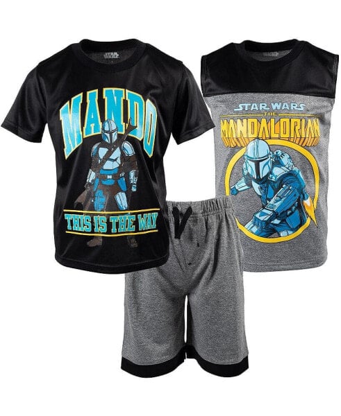 Boys Star Wars The Mandalorian Athletic Pullover T-Shirt Tank Top and Shorts 3 Piece Outfit Set to