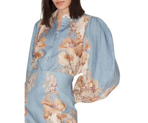 Alemais Womens Blythe Linen Floral Print Shirt Blue Size 2 US