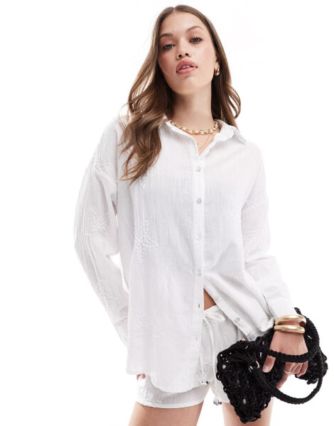 Pull&Bear embroidered oversized shirt co-ord in white