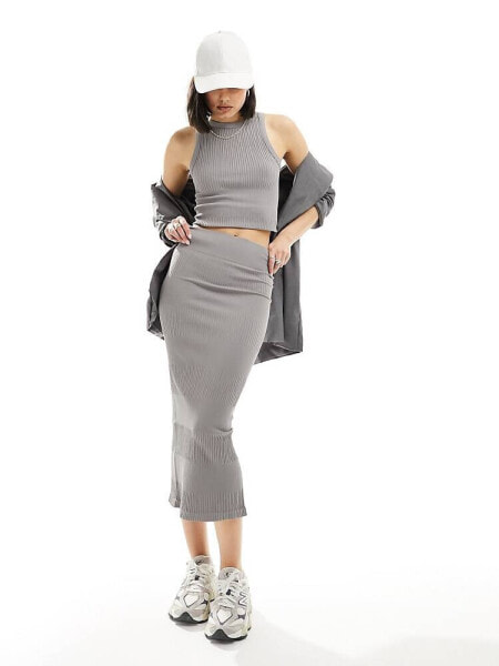 ASOS DESIGN seamless mixed rib midi skirt co-ord in dark grey