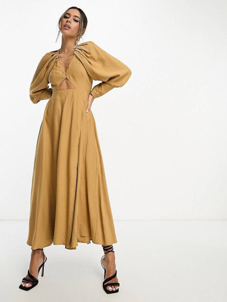 ASOS EDITION pleat shoulder midi dress with cut out back in camel