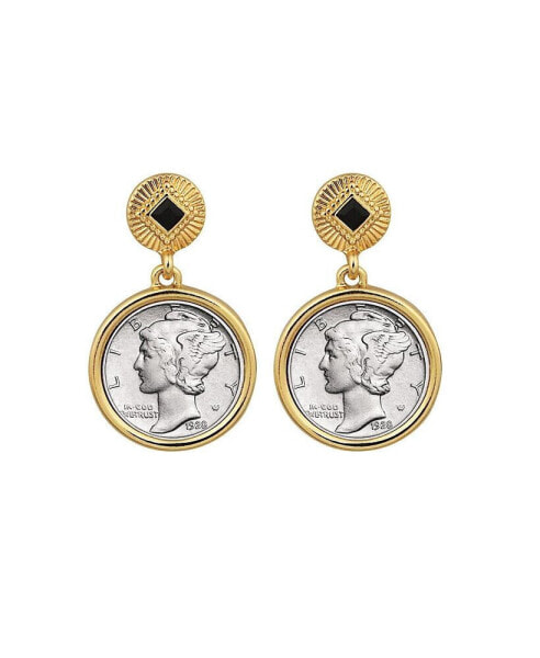 17091 Mercury Dime Coin Goldtone Art Decor Earrings with Black Stone, Gold