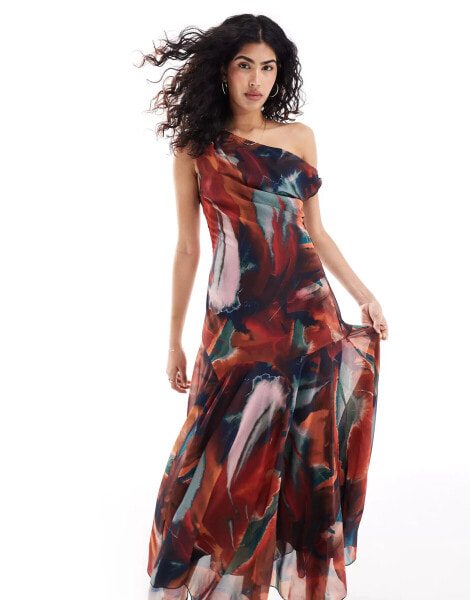 ASOS DESIGN fallen shoulder maxi dress in bold abstract print