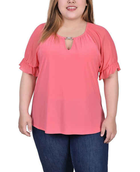 Plus Size Short Ruffle Sleeve Top with Rhinestones