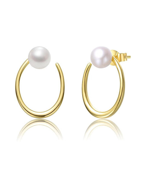 Sterling Silver 14k Yellow Gold Plated with White Freshwater Pearl Oblong Oval Halo Hoop Dangle Earrings