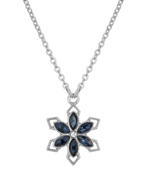 Silver-Tone Crystal Sapphire Blue Color Stone Flower 16" Adjustable Necklace