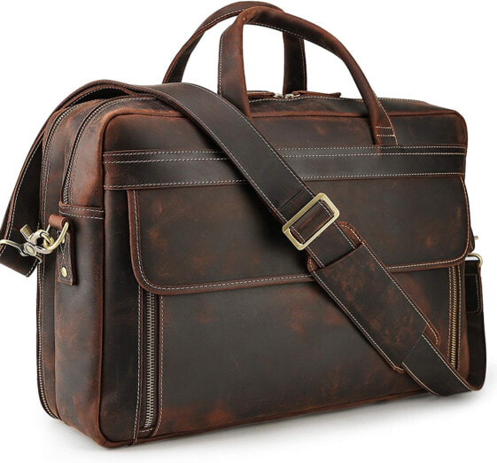 TIDING Laptop Bag 17 Inch Men's Leather Briefcase Business Bag Shoulder Bag Large Leather Bag for Hanging Trolley Clip-on Tote Shoulder Bag Vintage Brown, brown, Retro