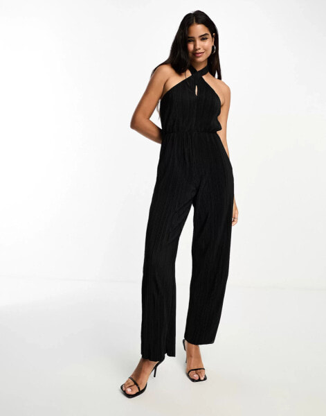 Vero Moda cross front plisse jumpsuit in black