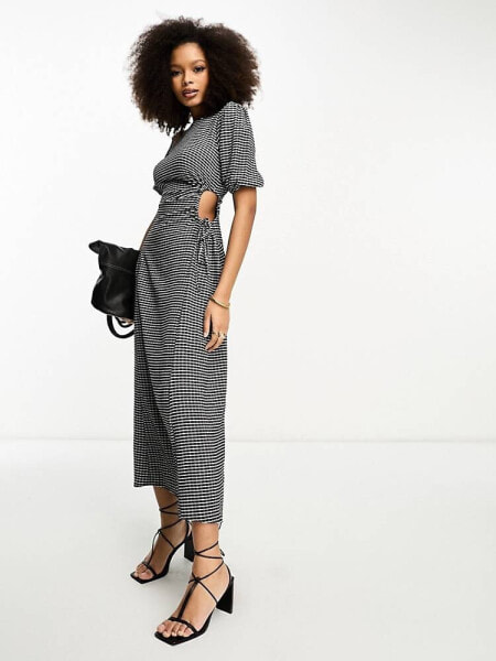 ASOS DESIGN puff sleeve smock midi dress with cut out side in mono check 