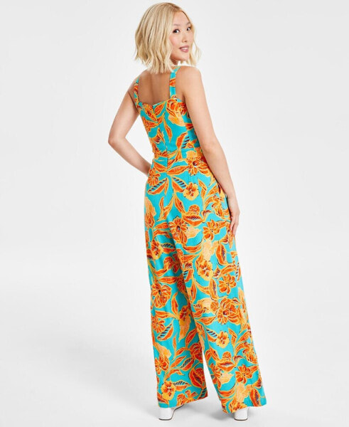 Petite Floral-Print Square-Neck Wide-Leg Jumpsuit, Created for Macy's